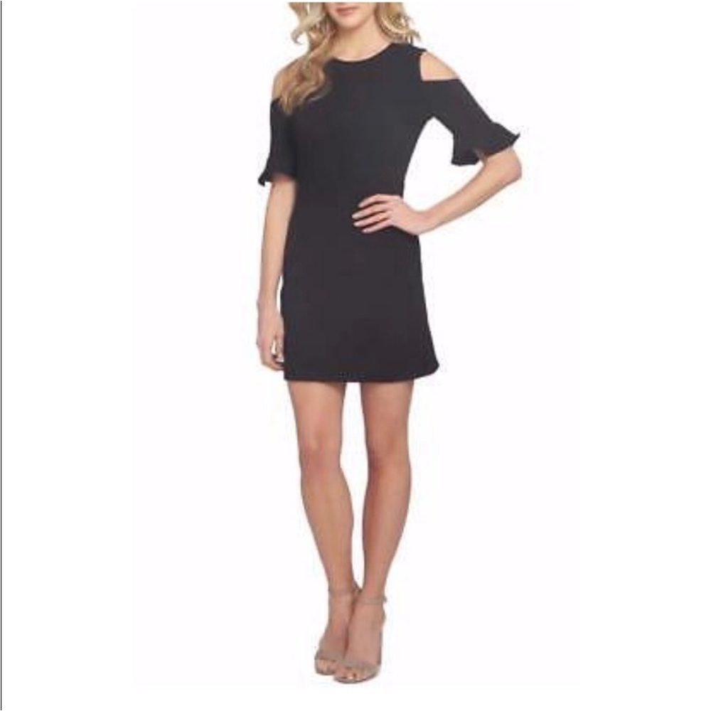 CeCe Elegant Black Cold Shoulder Bell Sleeve Ruffle Mini Sheath Dress size 6